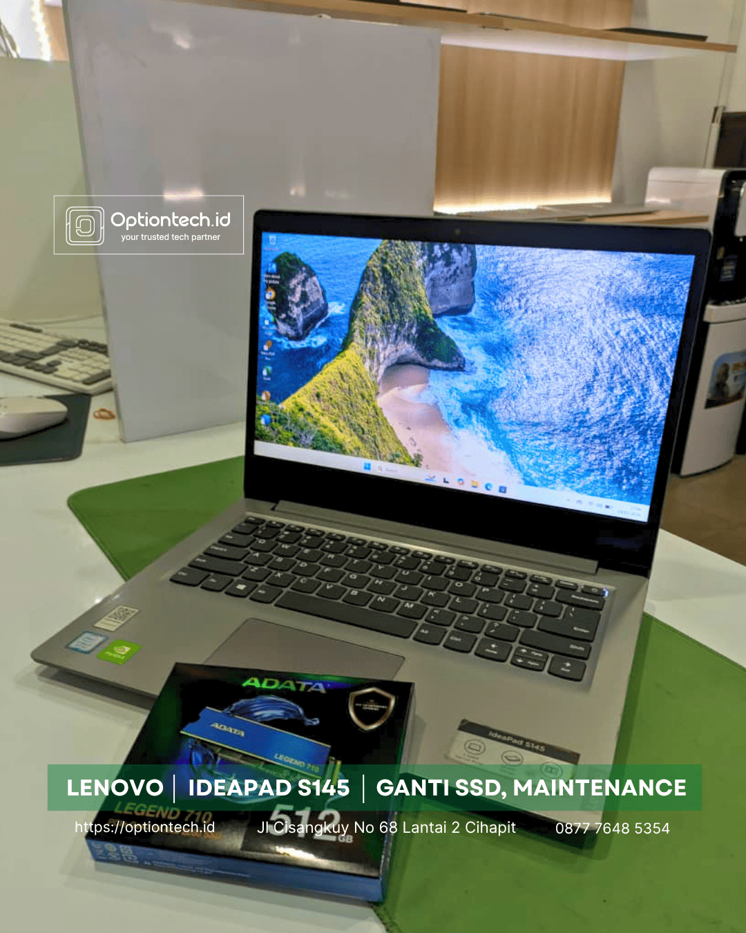 Portfolio Ganti SSD Laptop Lenovo IdeaPad S145 No Bootable & Overheat di Bandung - OptionTech Bandung