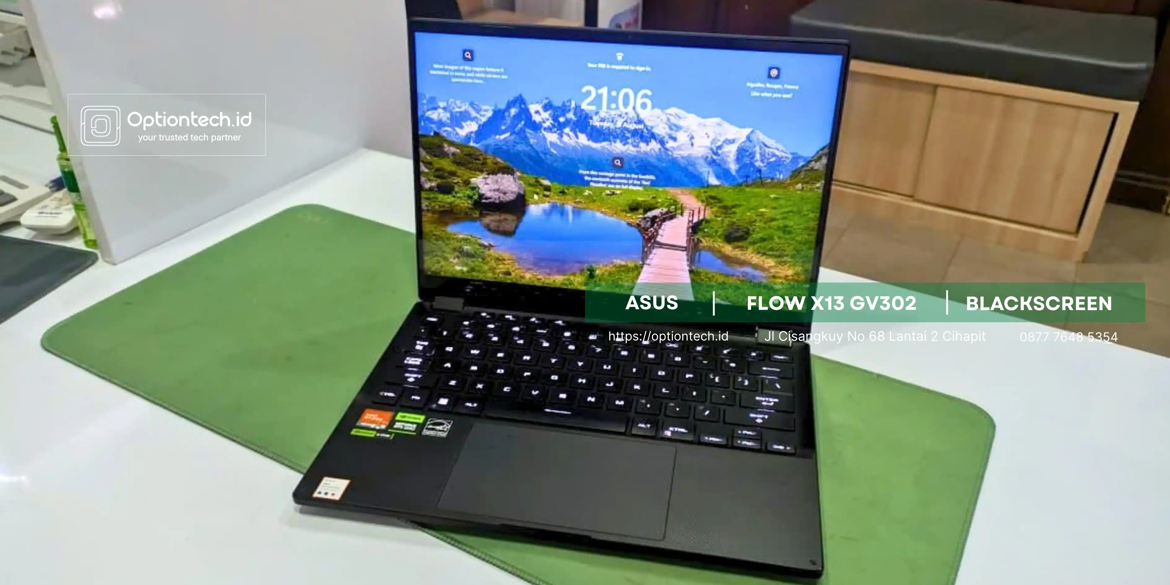 Portfolio Solusi Layar ASUS ROG Flow X13 GV302 Blackscreen & Kabel Fleksibel Bandung - OptionTech Bandung