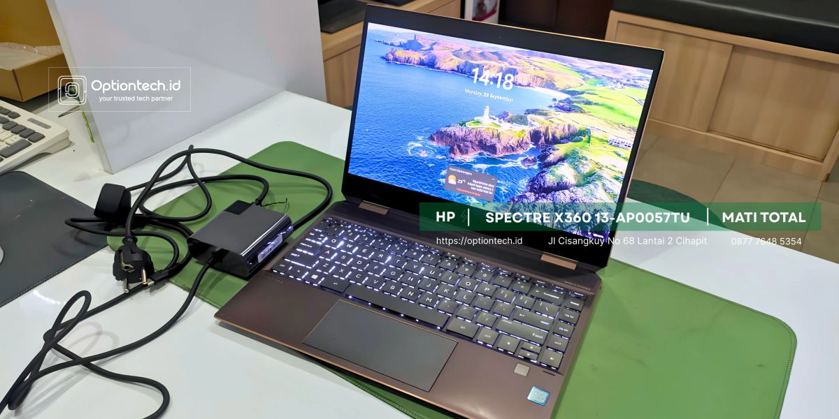 Hasil perbaikan jalur daya motherboard laptop HP Spectre x360 13-ap0057TU mati total di OptionTech Bandung